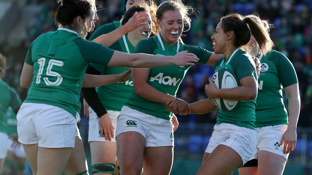 Ireland’s Sene Naoupu celebrates her try with teammates during their Six Nations win over Wales. Photo: Bryan Keane/Inpho