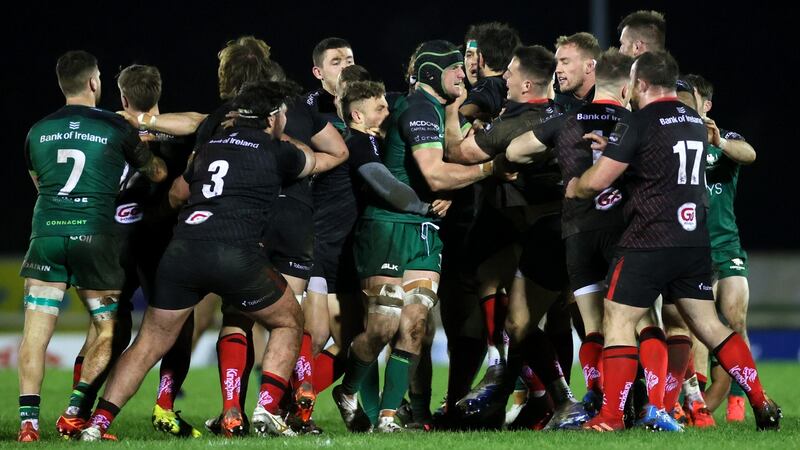 Tempers flare between the sides. Photo: James Crombie/Inpho