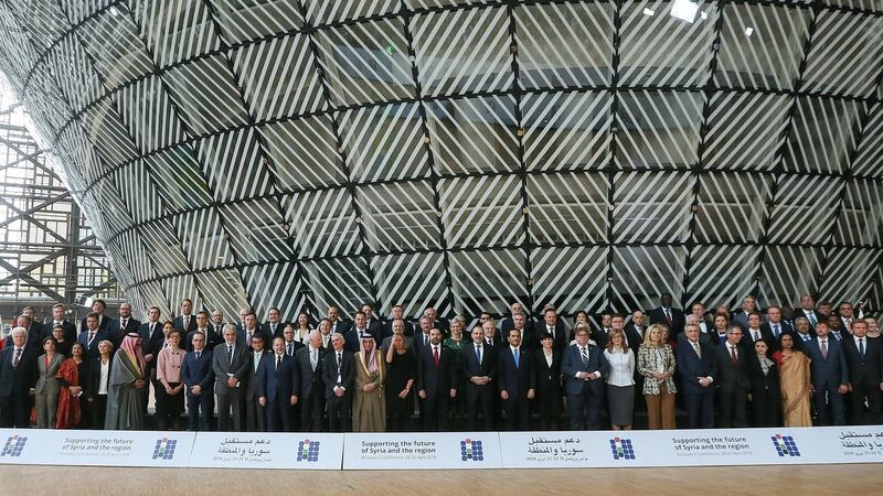 Delegates pose for a family photo during the Supporting the Future of Syria and the Region conference at the European Council headquarters in Brussels, Belgium, on Wednesday. Photograph: Olivier Hoslet/EPA