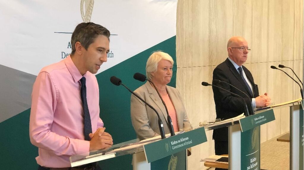 Minister for Health Simon Harris, Minister of State Catherine Byrne and Minister for Justice Charlie Flanagan at the announcement of a new drugs policy at the Department of Health in Dublin on Friday. Photograph: Alan Betson.