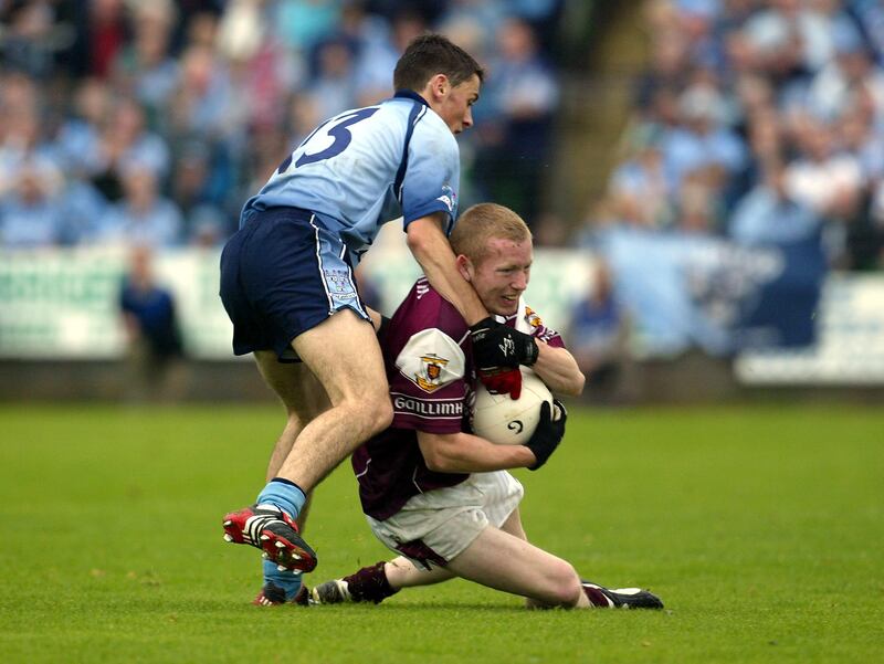 Michael Comer of Galway and Alan Brogan of Dublin in action during the 2002 All-Ireland U21 final. Photograph: Lorraine O'Sullivan/Inpho