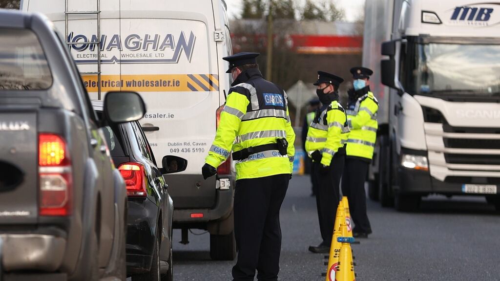 Gardaí stop vehicles at a Covid-19 checkpoint near the Border between Emyvale, Co Monaghan, and Aughnacloy, Co Tyrone. File photograph: Liam McBurney/PA Wire