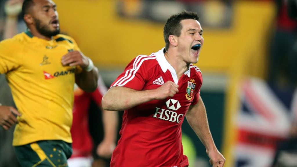 British & Irish Lions Lion’s Jonathan Sexton celebrates scoring a try