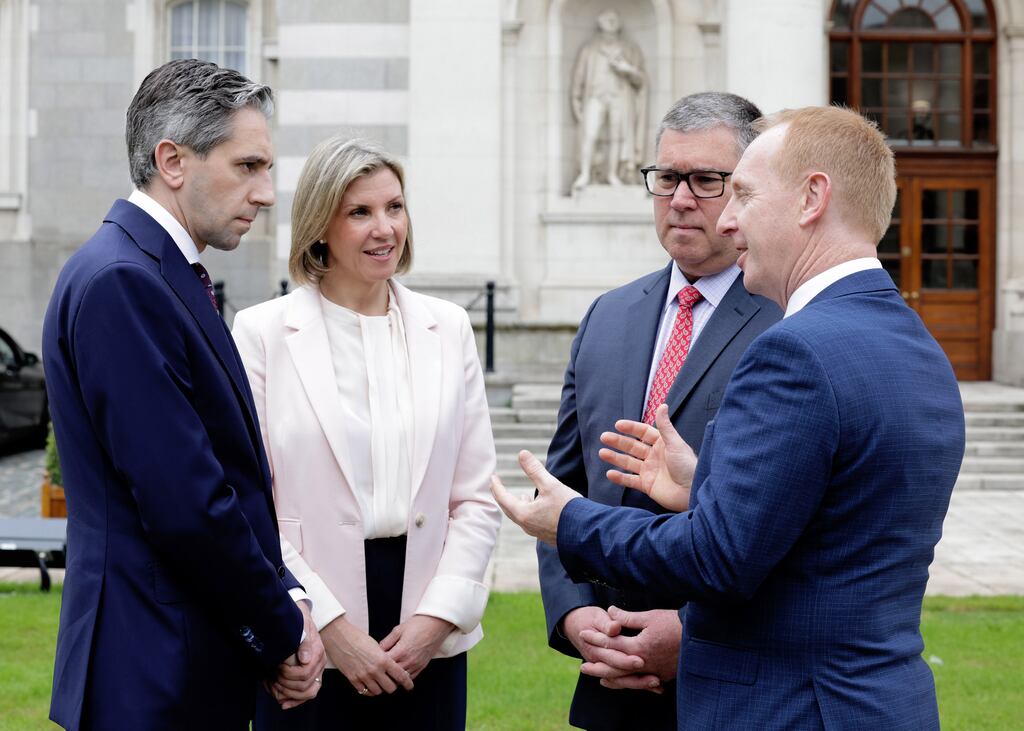 Taoiseach Simon Harris with (L-R) Deborah Threadgold, IBM country general manager, James Kavanaugh, IBM senior vice-president and chief financial officer and Michael Lohan, the IDA Ireland chief executive. Photograph: Maxwells