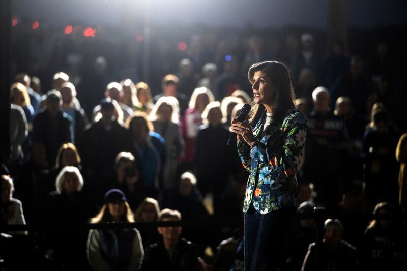 Nikki Haley, former governor of South Carolina and 2024 Republican presidential candidate. Donald Trump lambasted a dress she wore for being 'fancy' and yet 'not fancy enough'. Photograph: Victor J Blue/Bloomberg