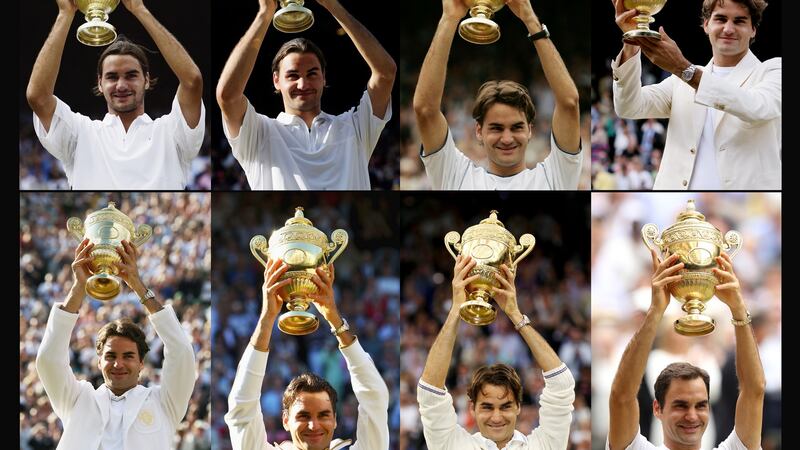 Roger Federer’s eight Wimbledon victories, in 2003, 2004, 2005, 2006, 2007, 2009, 2012 and 2017. Photograph: Getty