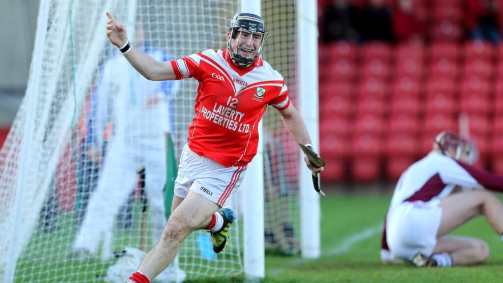 Eddie McCloskey celebrates scoring during the Ulster final against Slaughtneil. Photograph: John McIlwaine/Inpho/Presseye.