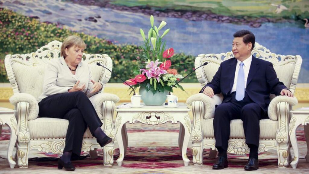 German chancellor Angela Merkel and China’s then vice-president Xi Jinping during a meeting at the Great Hall of the People in Beijing in  2012. As the world’s largest trading bloc, the EU is an important strategic partner for China. Photograph: Diego Azubel/Reuters