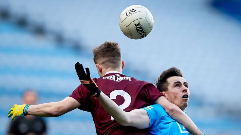 Dublin’s Brian O’Leary competes for possession with Jonathan McGrath of Galway during the EirGrid All-Ireland Under-20 Football Final at Croke Park. Photograph: Tommy Dickson/Inpho