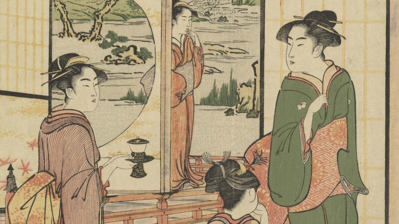 U is for Ukiyo-e: The name given to Japanese woodblock pictures. On show are two 18th century prints, one showing a white cat in a tea house. They are two of the library’s collection of 450 ukiyo-e prints.
