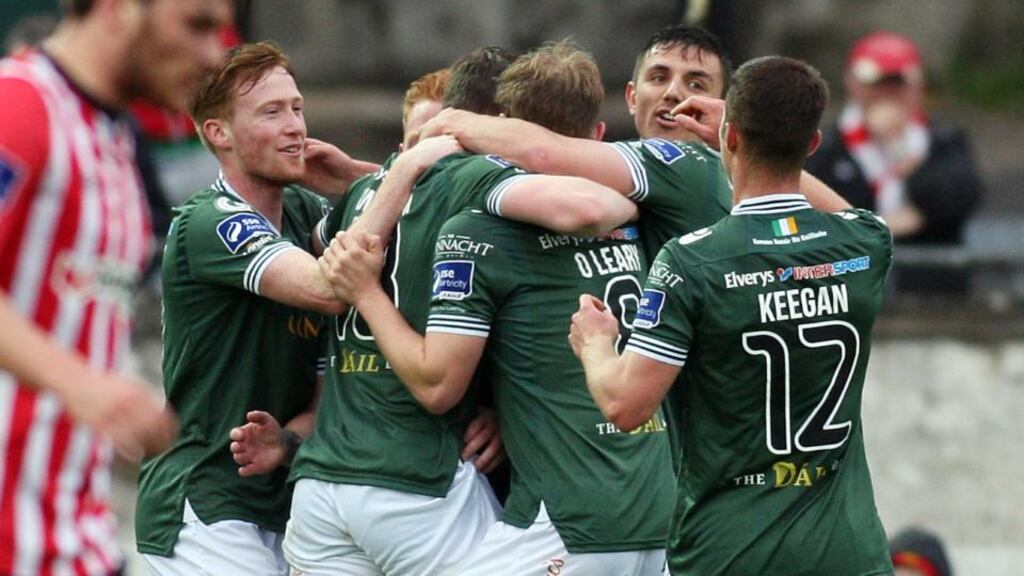 Galway United players celebrate Jake Keegan’s goal at the Bradywell against Derry City. Photograph: Lorcan Doherty/Presseye/Inpho