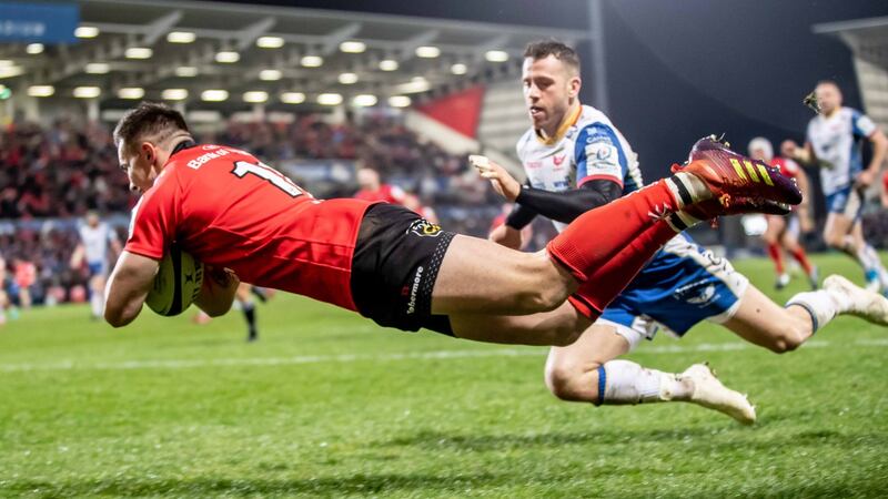 Ulster’s Jacob Stockdale celebrates scoring a try during the Heineken Champions Cup match against the Scarlets at the Kingspan stadium. Photograph: Morgan Treacy/Inpho