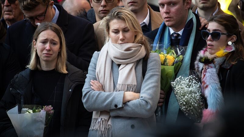 Mourners attend a vigil for victims Jack Merritt (25) and Saskia Jones (23) of the London Bridge attack and to honour the public and emergency services who responded to the incident at the Guildhall Yard on December 2nd, in London. Photograph: Leon Neal/Getty Images