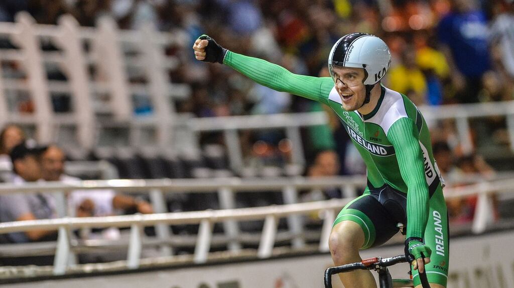 Mark Downey of Ireland celebrates after winning the gold medal in the UCI Cycling World Cup, men’s points race final, at Alcides Nieto Patino velodrome. Photograph: Getty Images