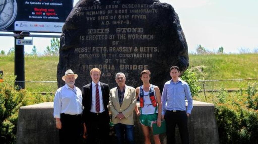 Victor Boyle, Marc Miller MP, Fergus Keyes, Michael Collins and Ronan Corbett at Montreal’s Famine memorial in 2016