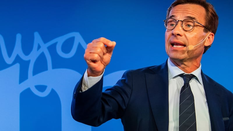 Ulf Kristersson, leader of the Moderate Party in Sweden, addresses supporters at an election night party following general election results in Stockholm Sunday. Photograph: Jonathan Nackstsrand/AFP/Getty Images