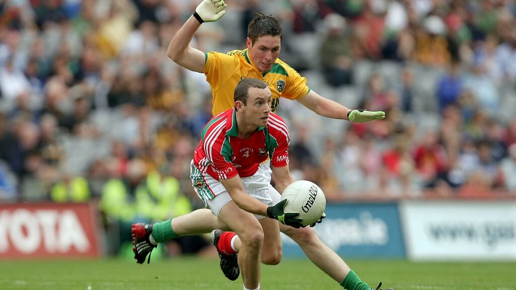 Mayo’s Keith Higgins with David Bray of Meath during the 2009 All-Ireland quarter-final at Croke Park. Photograph: Morgan Treacy/Inpho