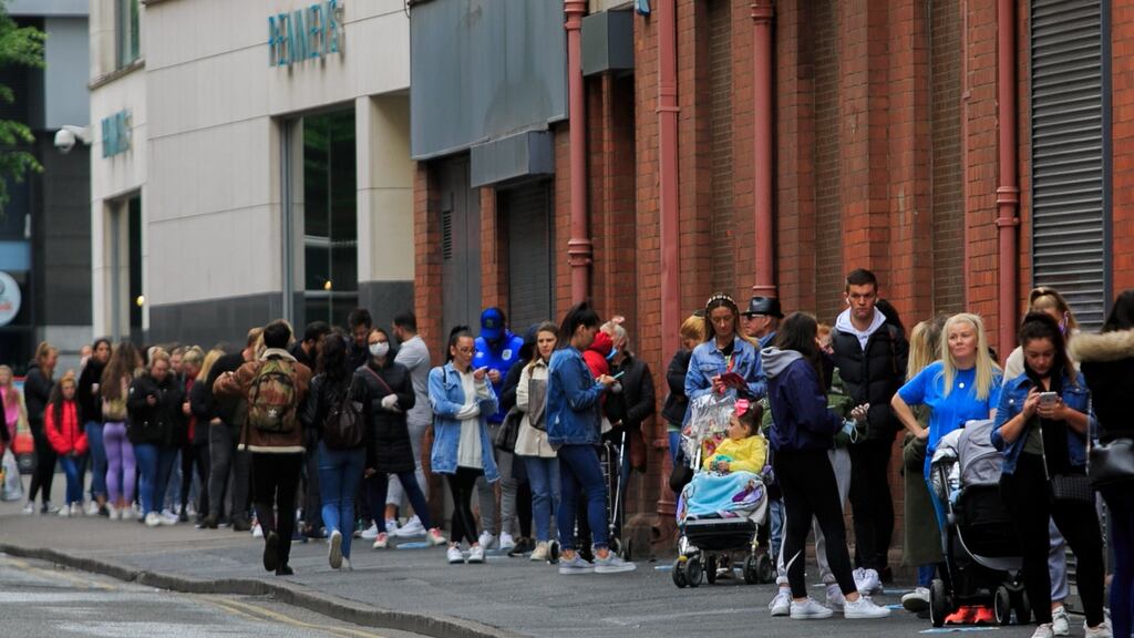 Shoppers outside Penneys on its reopening following closure due to Covid-19: 95 per cent of Irish consumers shop online at least some of the time.
