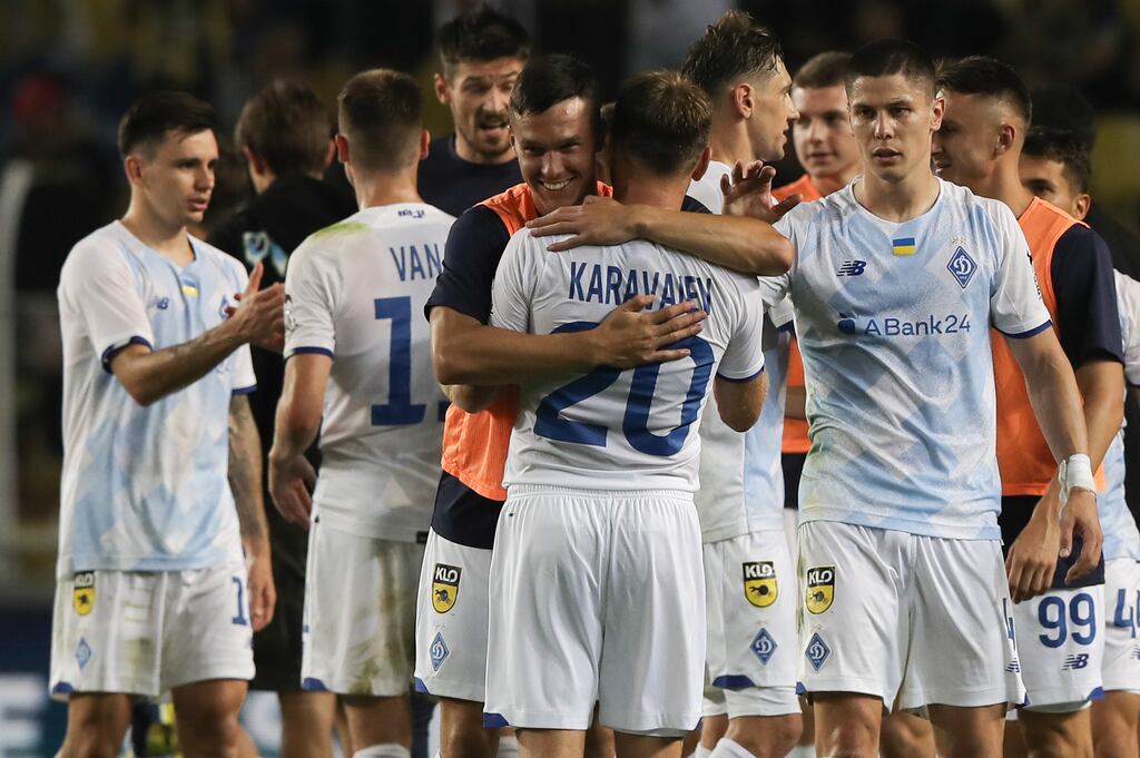 Dynamo Kyiv players celebrate their victory over Fenerbahce in the Uefa Champions League second qualifying round, second leg at Ulker Sukru Saracoglu Stadium in Istanbul. Photograph: Burak Kara/Getty Images