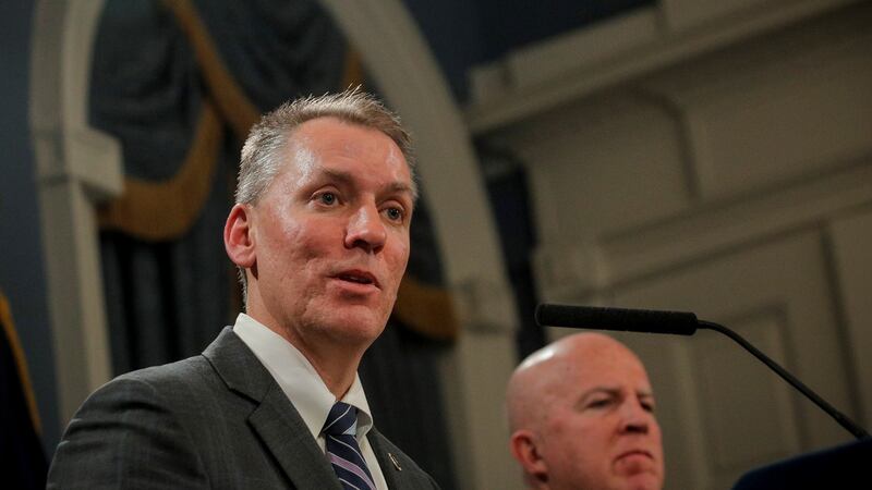 Dermot Shea speaking alongside outgoing NYPD commissioner James O’Neill at a news conference in City Hall, New York City on Monday. Photograph: Brendan McDermid/Reuters