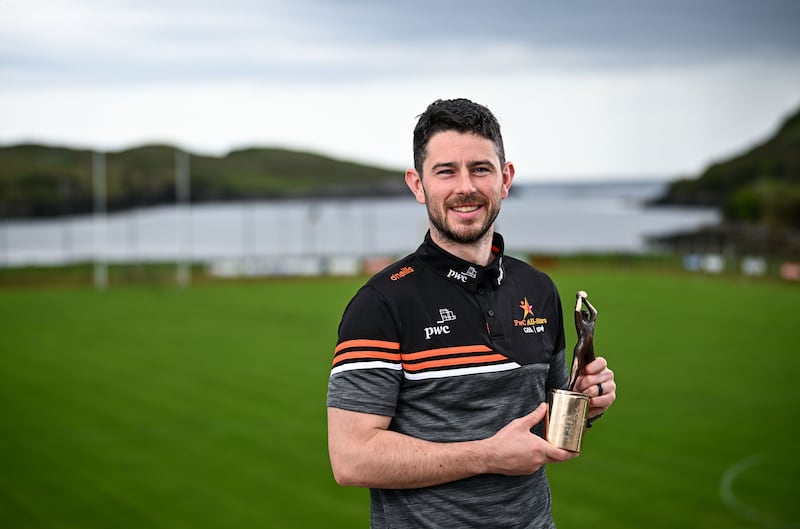 Ryan McHugh in Kilcar with the PwC GAA/GPA Player of the Month award for April. Photograph: Ramsey Cardy/Sportsfile