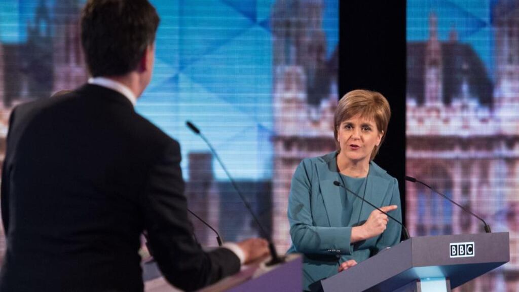 ‘The parallel with the position Nicola Sturgeon is hoping to find herself in next month is obvious. The current Conservative appeal to English voters to stop troublesome Scots dictating who should form the government in London has many echoes of 1910.’ Above, Labour Party leader Ed Miiband and Scottish National Party leader Nicola Sturgeon during the BBC Challengers’ Election Debate 2015 at Central Hall Westminster, London. Photograph: Stefan Rousseau/PA