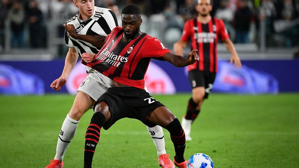 AC Milan’s English defender Fikayo Tomori in action against Juventus in Turin. Photograph: Getty Images