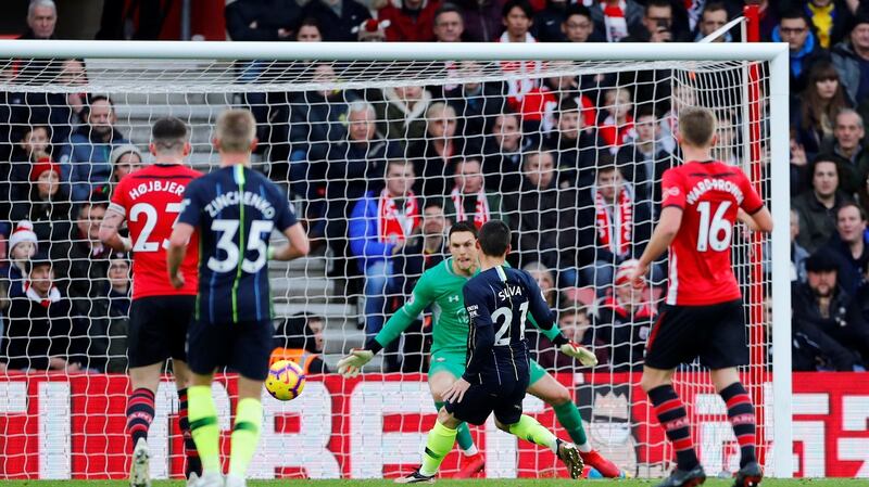 David Silva opens the scoring for Manchester City at St Mary’s. Photograph: Eddie Keogh/Reuters