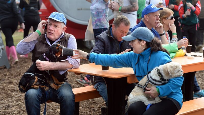 Barbara and John Higgins from Naas, with dogs Maxi and Hallie, at the National Ploughing Championships. Photograph: Dara Mac Dónaill