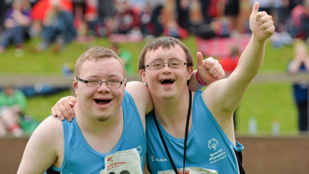 Eastern Region athletes LJ Ryan (17) from Blanchardstown in Co Dublin and Adam Lalor (19) from Clonee Co Dublin after competing in the Mini Javelin heats at the Special Olympics Ireland Games at the University of Limerick. Photograph: Diarmuid Greene/Sportsfile