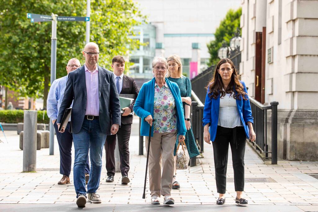 Patsy Kelly's son Patsy Kelly Jr. and widow Teresa, with Sinn Fein MP Orfhlaith Begley, at the High Court in Belfast earlier this week where they were pursuing the inquest. Photograph: Liam McBurney/PA Wire