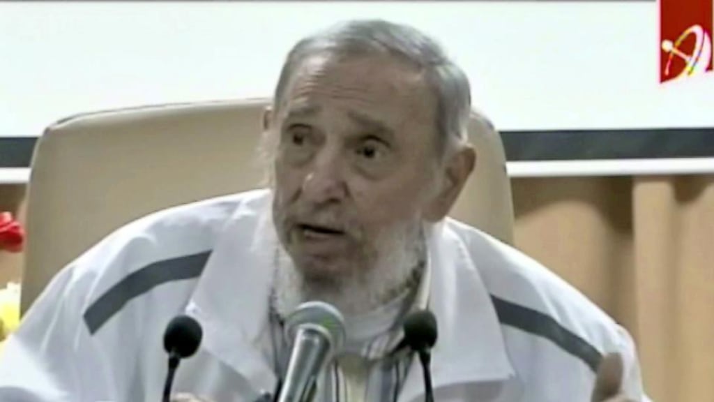 Screen grab from a video released by Cubavision showing Cuban former President Fidel Castro during a visit to the Research Institute of Food Industry in Havana, Cuba. Photograph: Getty