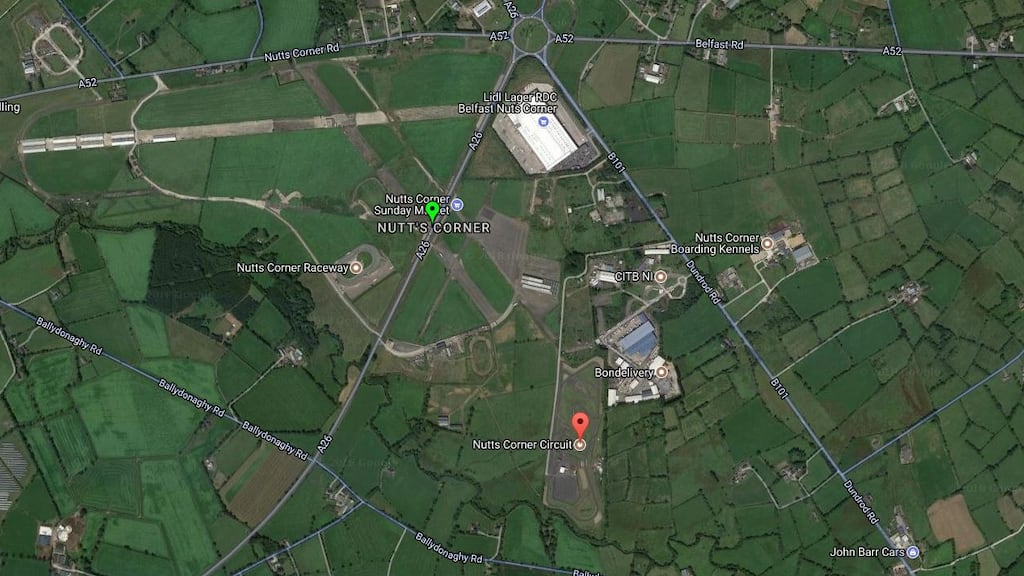 Nutts Corner: A light plane crashed close to a wooded area shortly after midday on Thursday, two or three miles from Belfast International Airport to the northwest. Two people died in the crash. File photograph: Google Street View