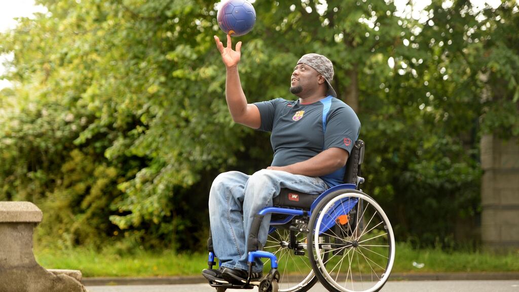 Mandla Ncube from Zimbabwe now plays basketball with the Ballybrack Bulls Wheelchair basketball club. Photograph: Dara Mac Dónaill