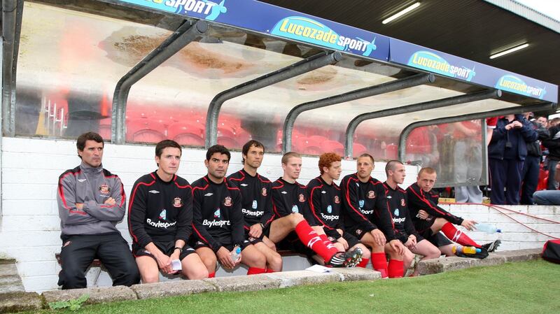 Roy Keane sits in the dugout ahead of a pre-season friendly against Cobh. Photo: Donall Farmer/Inpho