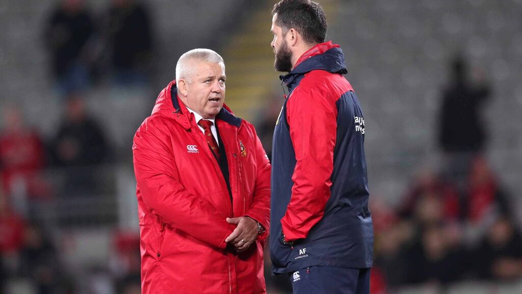 Andy Farrell and Warren Gatland before the third Test against New Zealand at Eden Park in Auckland in 2017. Photograph: Billy Stickland/Inpho