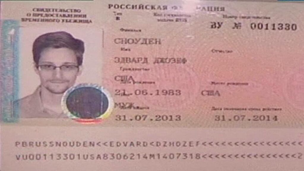 US whistleblower Edward Snowden’s Russian  refugee documents.  Photograph: Reuters/Rossiya 24