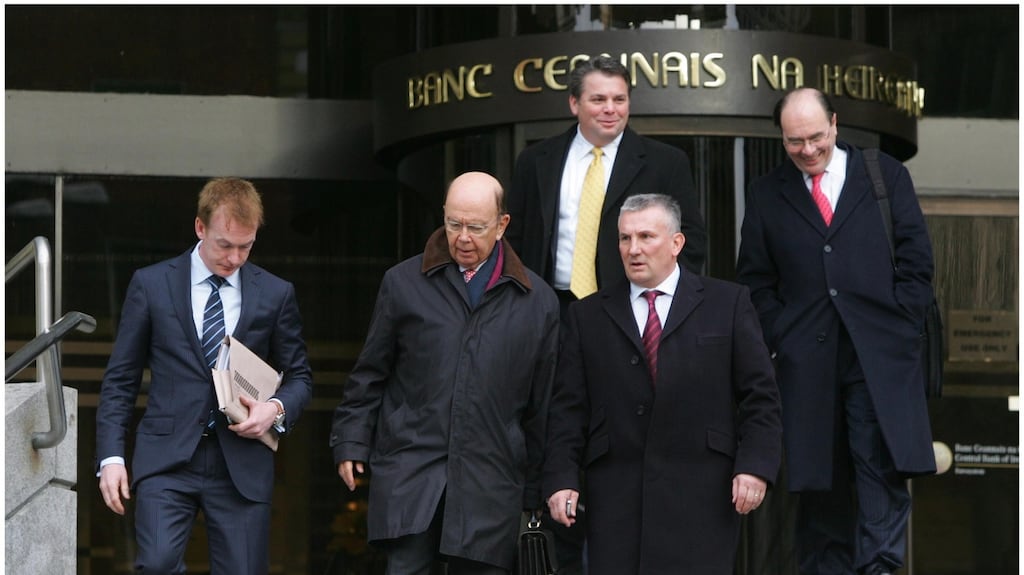 Front row, from left: Nick Corcoran of Cardinal Capital, Wilbur Ross of Wilbur Ross and Co and Nigel McDermott of Cardinal Capital. Back, from left: Jim Burr of the Carlyle Group and Jim Lockhart of Wilbur Ross and Co. Photograph: Bryan O’Brien