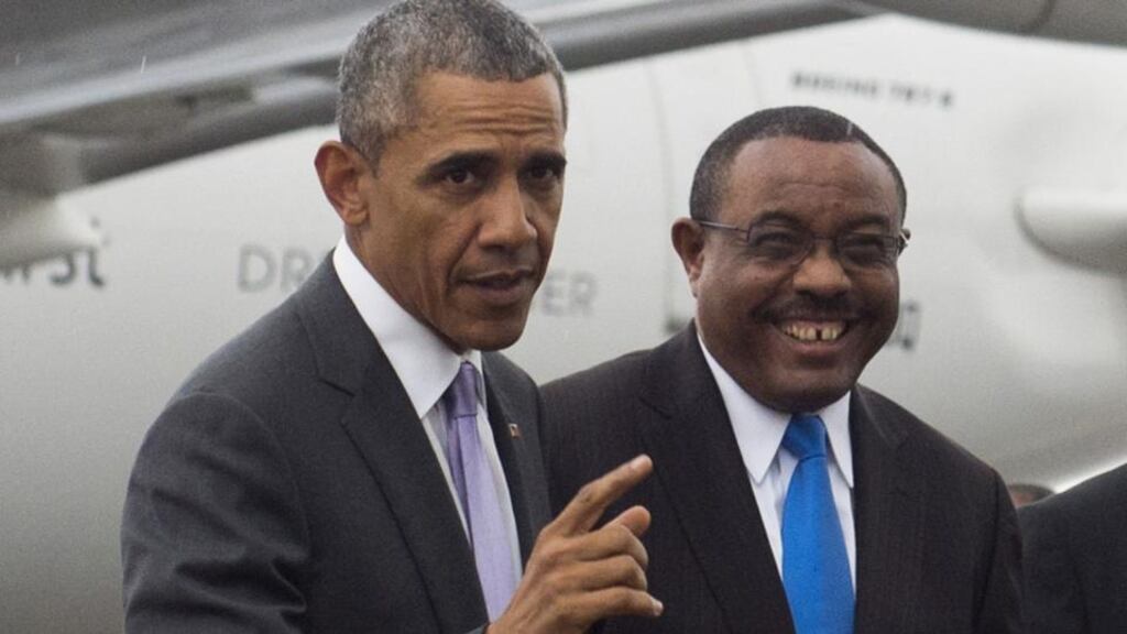 US President Barack Obama, alongside Ethiopian Prime Minister Hailemariam Desalegn at Bole International Airport in Addis Ababa, Ethiopia. Photograph: SAUL LOEB/AFP/Getty Images