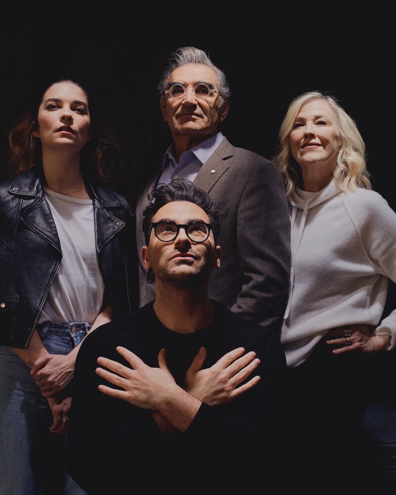 Dan Levy, front, with his father Eugene and their fellow Schitt’s Creek stars Annie Murphy, left, and Catherine O’Hara. Photograph: Ryan Pfluger/The New York Times