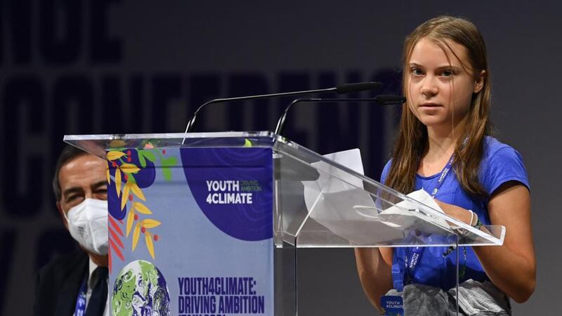 Swedish climate activist Greta Thunberg delivers a speech at the Youth4Climate event in Milan: ‘This is all we hear from our so-called leaders: words.’ Photograph: Miguel Medina/AFP via Getty Images