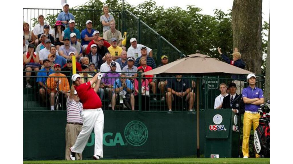 Ireland's Shane Lowry hits his opening tee shot on his debut at the 111th US Open at Congressional Country Club in Maryland, Washtington. Photograph: Ross Kinnaird/Getty Images