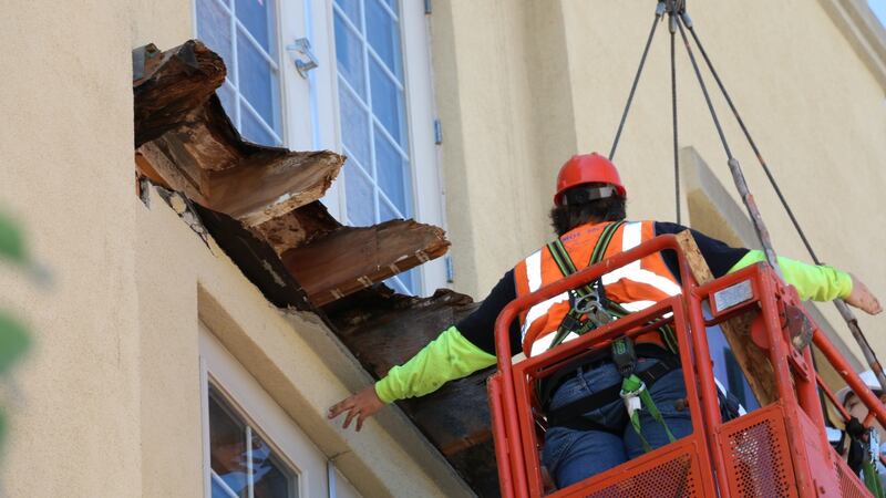 A process known as “destructive testing” of the structures at the spot from which the balcony collapsed at the Library Gardens apartment block on Kittredge Street near downtown Berkeley is carried out by experts. Photograph: Alameda County District Attorney’s Office