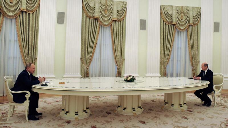 Russian president Vladimir Putin meeting German chancellor Olaf Scholz at the Kremlin in Moscow. Photograph: Mikhail Klimentyev/Kremlin/Sputnik