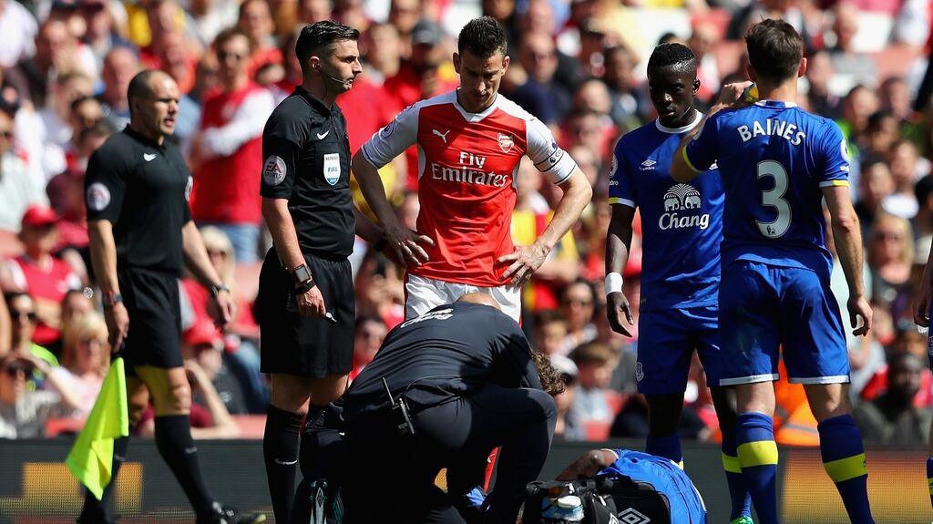 Laurent Koscielny of Arsenal is sent off against Everton on Sunday. Photograph: Getty Images