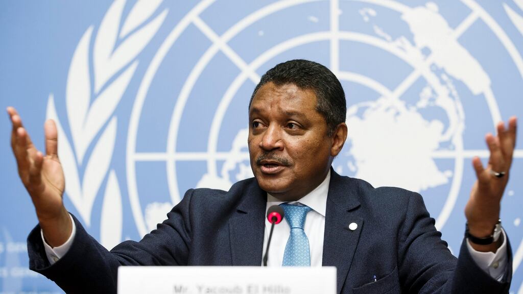 Yacoub El Hillo, UN Resident and Humanitarian Co-ordinator for the Syrian Arab Republic, informs the media on the humanitarian situation of Syria. Photograph: Salvatore Di Nolfi/EPA