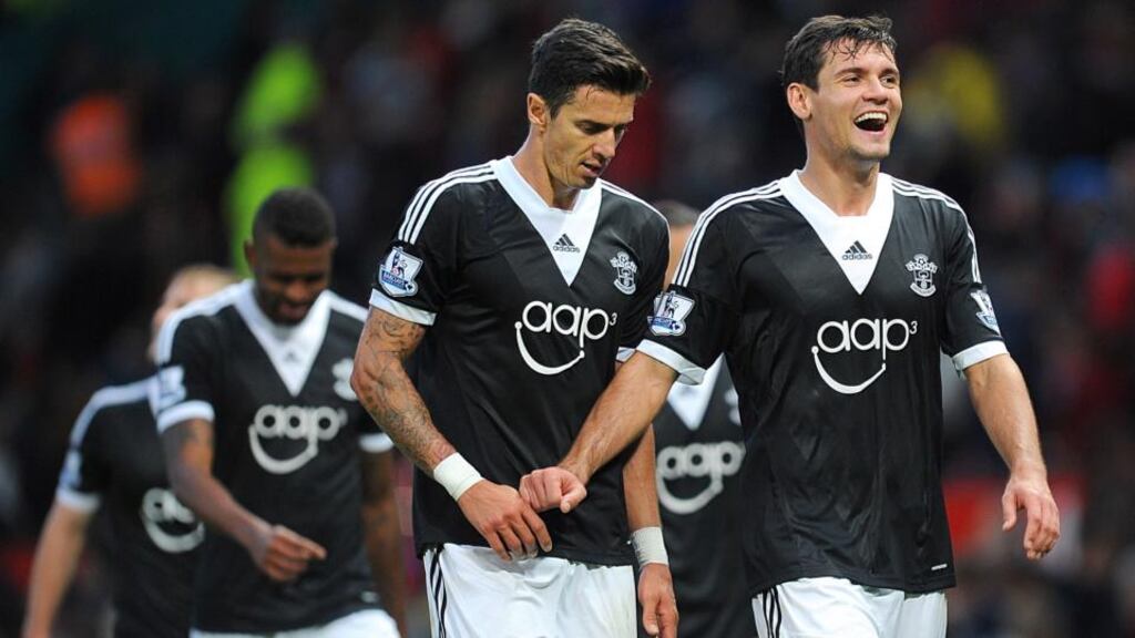 Southampton’s Dejan Lovren (right) and Jose Fonte after the final whistle at Old Trafford on Saturday. Photograph: Martin Rickett/PA Wire