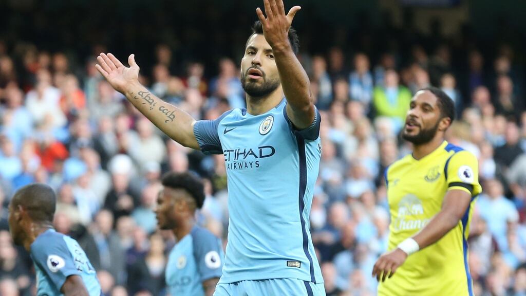 Manchester City’s Argentinian striker Sergio Aguero reacts after missing a penalty during the Premier League match between Manchester City and Everton at the Etihad Stadium in Manchester. Photo: Getty Images