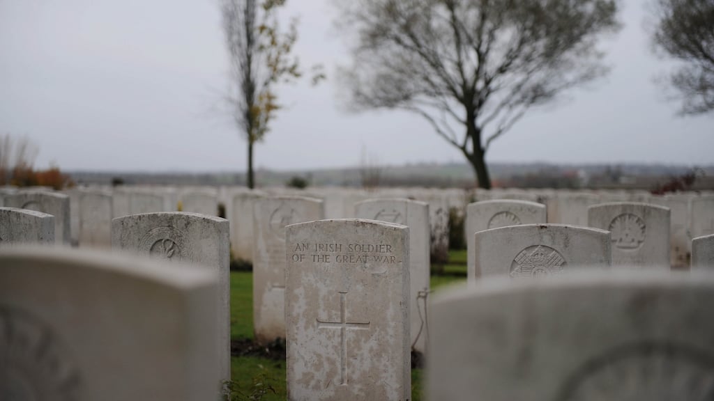 The grave of an unknown Irish soldier in the Messines Ridge military cemetery in Messines Belgium, beside the Island of Ireland Peace Park. Photograph: Aidan Crawley