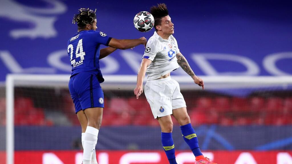 Reece James of Chelsea and Matheus Uribe of FC Porto compete for a header during the Champions League quarter- final second leg at the Ramón Sánchez Pizjuán Stadiumin  Seville, Spain. Photograph:  Fran Santiago/Getty Images